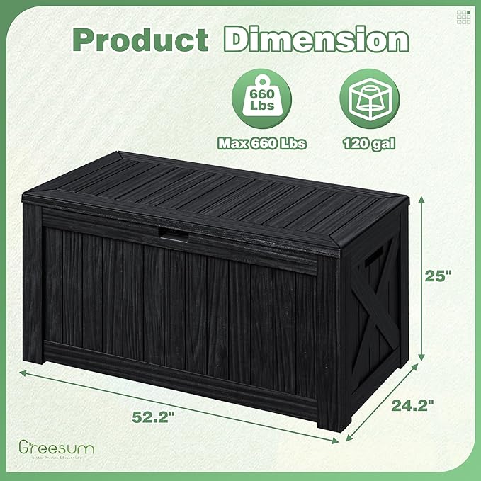 Greesum 120 Gallon Outdoor Storage Box with Lock - Large Resin Deck Box, Reinforced Lid for Garden, Patio, Lawn, Black-VerdiqueGarden