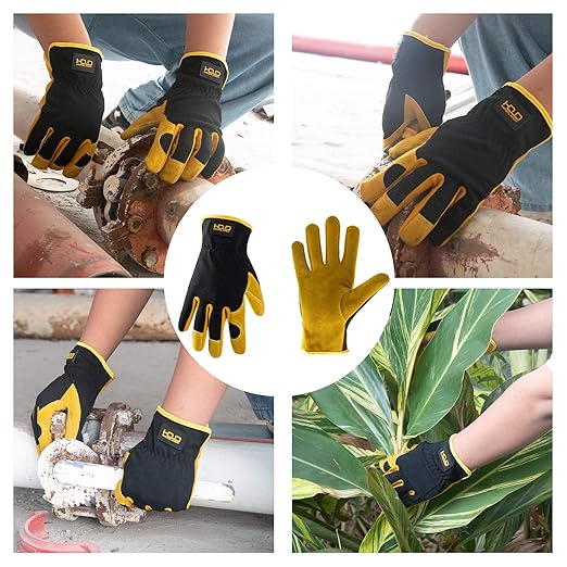 HLDD HANDLANDY 2 Pairs Leather Gardening Gloves for Men, Utility Work Gloves for Gardening, Yardwork, Construction, Mechanics, Great Garden Gifts for Men Women-VerdiqueGarden