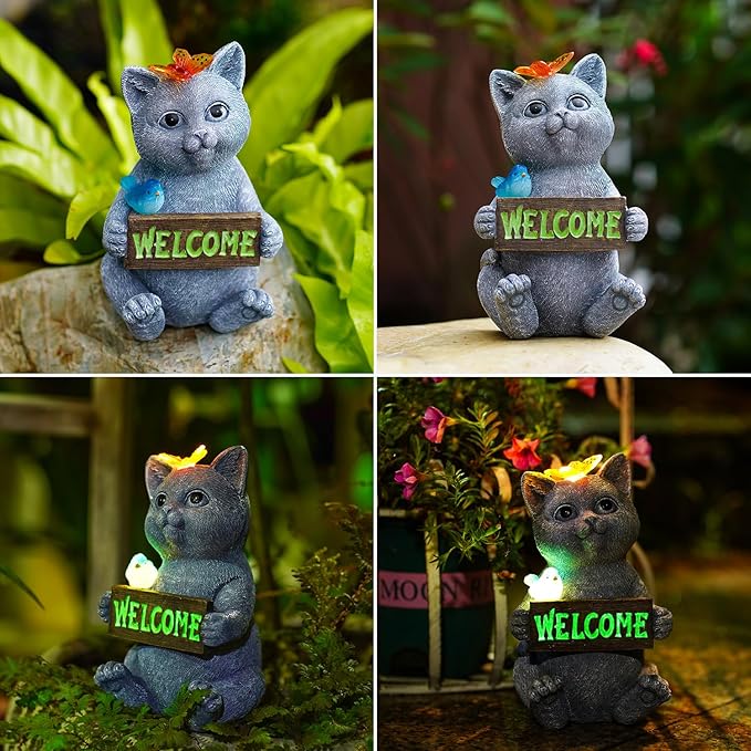 Goodeco Solar Cat with Welcome Sign - Outdoor Cat Statue with Solar Butterfly & Bird Lights - Perfect Cat Decor for Cat Lovers, Ideal Housewarming Gifts for Women & Moms (Gray)-VerdiqueGarden