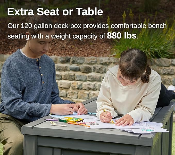 EAST OAK Outdoor Storage Box, 120 Gallon Deck Box with Stainless Steel Rods Large Resin Storage Bin for Patio Cushions, Garden Tools, Waterproof and UV Resistant, Lockable, Grey-VerdiqueGarden