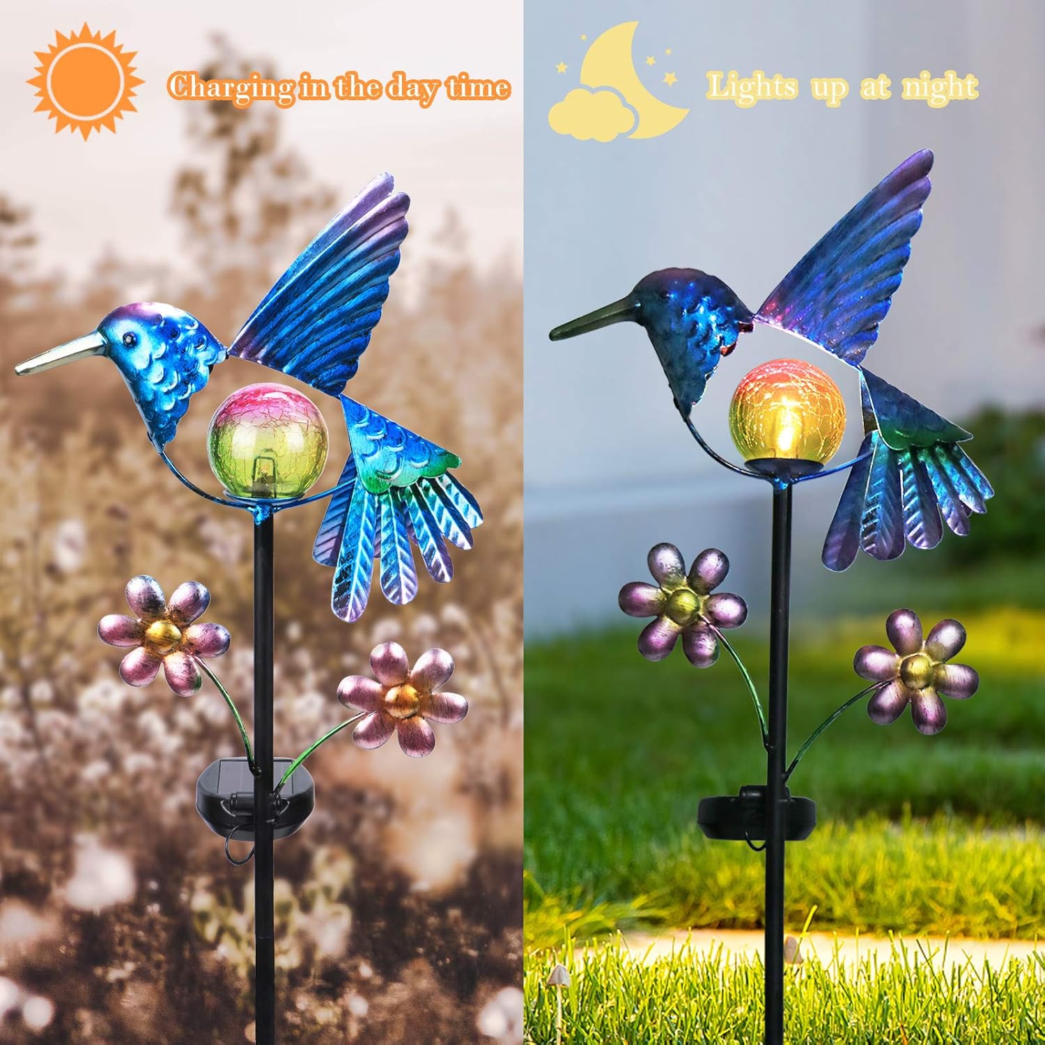Afirst Solar Garden Stake Lights - Outdoor Waterproof Decorative Solar Hummingbird LED Warm Crackled Glass Globe Lights for Walkway, Pathway, Yard, Lawn-VerdiqueGarden