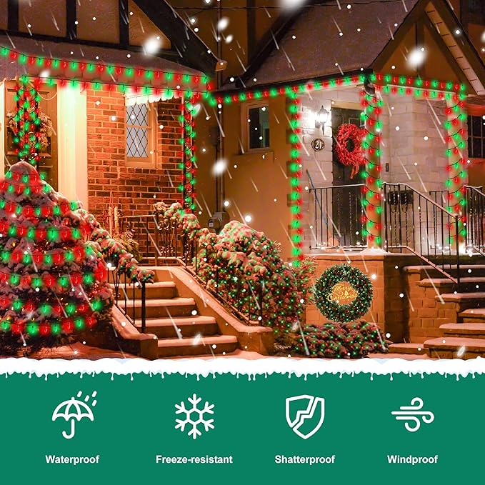 C9 Bulbs Classic Christmas Lights - 50 LED 32ft Strawberry String Light Red&Green - Extendable 8 Modes Funtion with Timer Fairy Lighting for Outdoor, Indoor, Party, Home, Tree Decorations-VerdiqueGarden