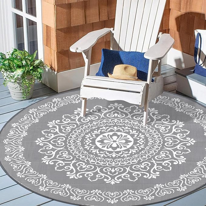 Pauwer Waterproof Outdoor Rug 8ft, Reversible Plastic Straw Patio Camping Rug, Indoor Outdoor RV Mat Carpet for Deck, Camper, Porch, Balcony, Backyard, Picnic, Floral Grey-VerdiqueGarden