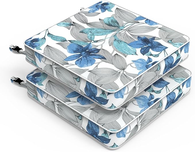 LVTXIII Patio Chair Cushions 22"x22"x3", Water-Repellent Outdoor Seat Cushions for Patio Furniture, Square Chair Pads with Ties for Home Garden Decoration, Set of 2, Clemens Noir Blue-VerdiqueGarden