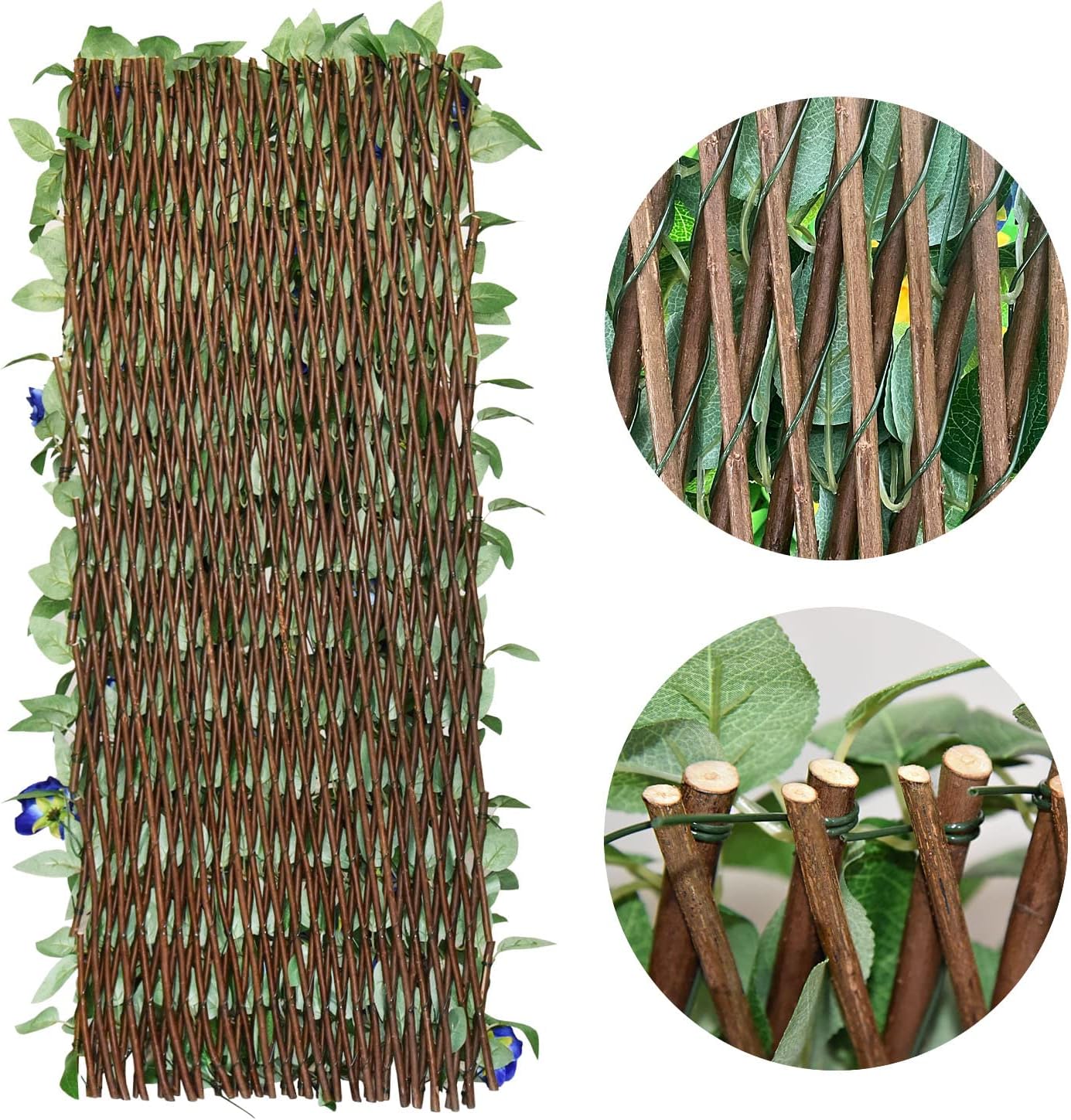 Expandable Fence Privacy Screen for Balcony Patio Outdoor,Decorative Faux Ivy Fencing Panel,Artificial Hedges (Single Sided Leaves) (2, Blue Flowers)-VerdiqueGarden