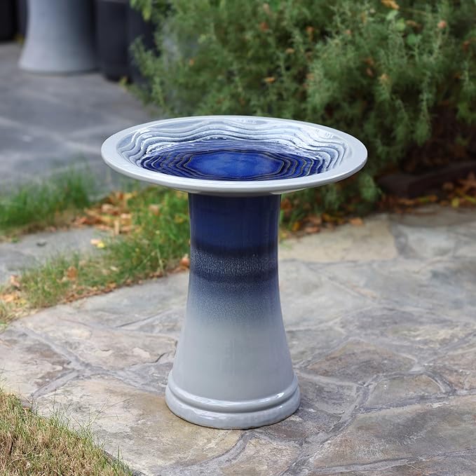 LuxenHome 18 Inch Ceramic Bird Bath for Outside, Elegant Tall Outdoor Bird Bath, Lightweight Pedestal Glazed Birdbaths for Outdoors with Swirl Pattern, Ombre Blue-VerdiqueGarden