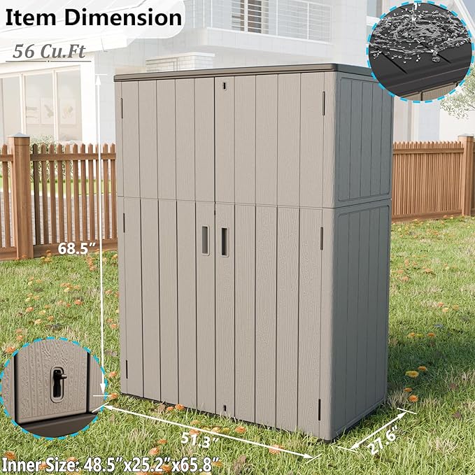 HOMSPARK Outdoor Storage Shed Weather Resistance, Patio Storage Cabinet Lockable Resin Tool Shed for Storage of Bike, Trash Cans, Garden Tools (Shallow Coffee, 66 Cu.ft)-VerdiqueGarden