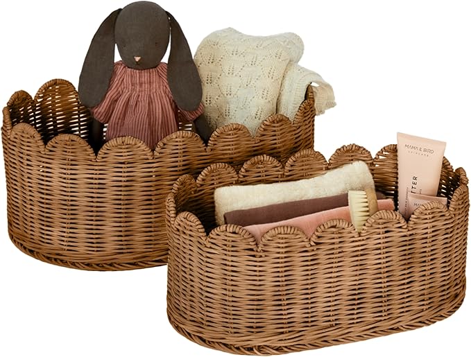 BEBE BASK Premium Scalloped Basket Set Of 2 - Scallop Basket - 16 x 10 x 7 Inch - Hand-Woven Elegant Wicker With Scalloped Edge - Nursery Storage (Mocca)-VerdiqueGarden