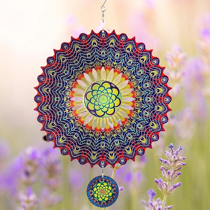 TUOKING Wind Spinners Outdoor Peacock Feathers 3D Metal Hanging Art Wind Sculptures 12 Inch Stainless Steel for Yard and Garden Decoration Worth Gift for Women-VerdiqueGarden