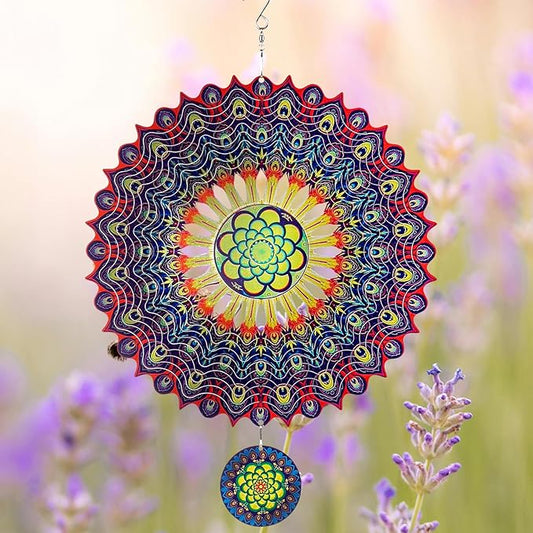 TUOKING Wind Spinners Outdoor Peacock Feathers 3D Metal Hanging Art Wind Sculptures 12 Inch Stainless Steel for Yard and Garden Decoration Worth Gift for Women-VerdiqueGarden