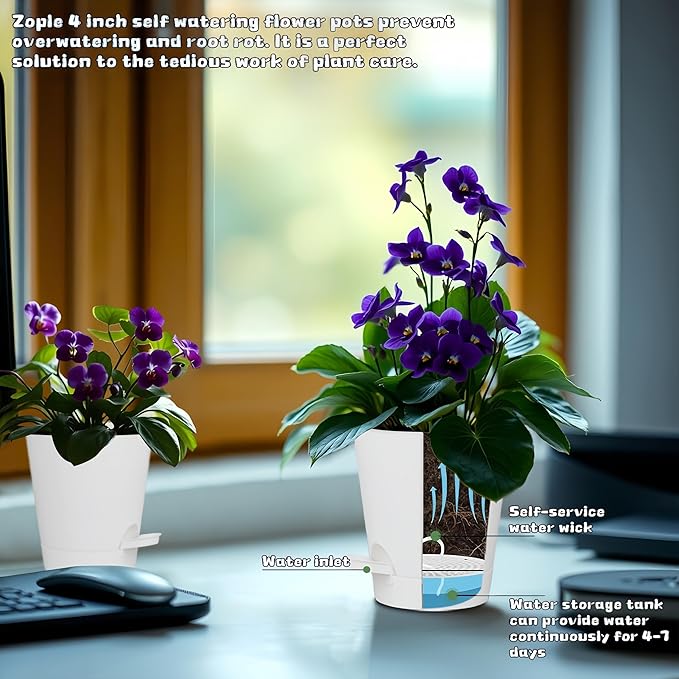 12 Pack 4 Inch Self Watering Plant Pots with Drainage and Saucers，Plastic Flower Pots for Indoor and Outdoor Plants, Nursery Planters for Houseplants and Herbs White, 4 inch 12pcs-VerdiqueGarden