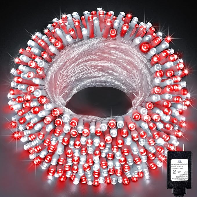KNONEW 197FT 500 LED Christmas Lights Outdoor String Lights 8 Modes & Memory Fairy Light Plug in Waterproof LED String Lights for Xmas Yard Tree Wedding Party Holiday Decorations (Red and White)-VerdiqueGarden