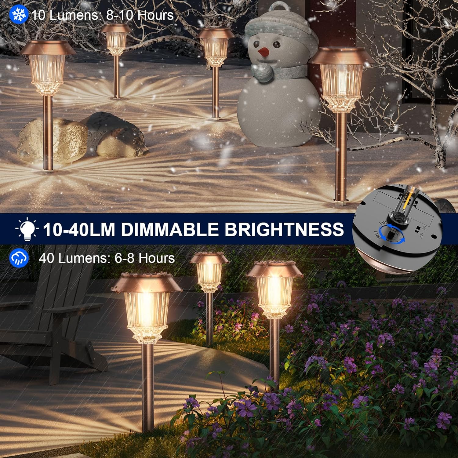 XMCOSY+ Solar Pathway Lights Outdoor - 6 Pack Solar Lights Outdoor Waterproof, 10-40 LM Dimmable Auto On/Off Solar Outdoors Lights Yard Garden Walkway Driveway (Warm White)-VerdiqueGarden