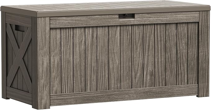 Greesum 120 Gallon Outdoor Storage Box with Lock - Large Resin Deck Box, Reinforced Lid for Garden, Patio, Lawn, Coffee-VerdiqueGarden