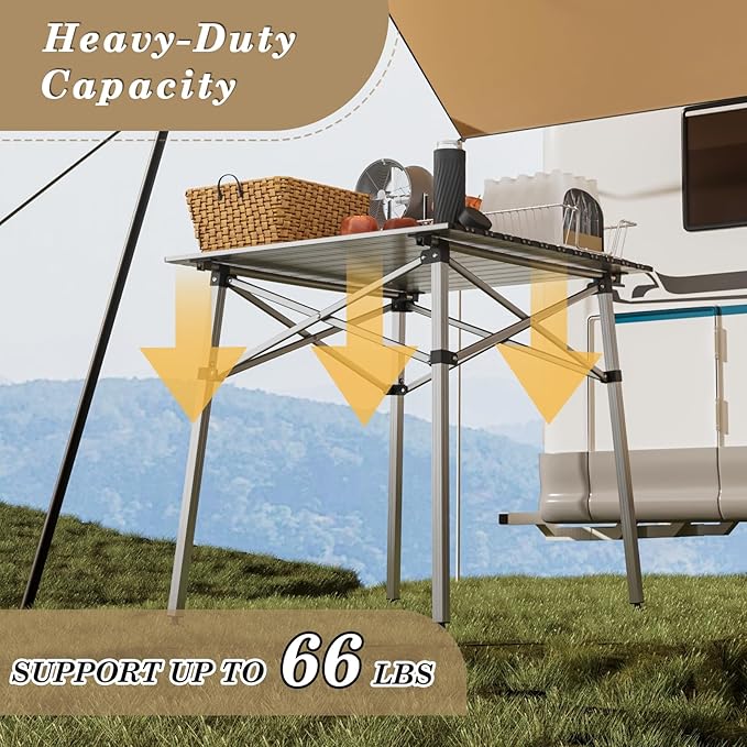 Athena Collection Foldable Camping Table, 28" Small Aluminum Outdoor Folding Camp Table with Roll Up Tabletop and Carry Bag, Lightweight and Portable for Outdoor Camping Picnic Grilling, Silver-VerdiqueGarden