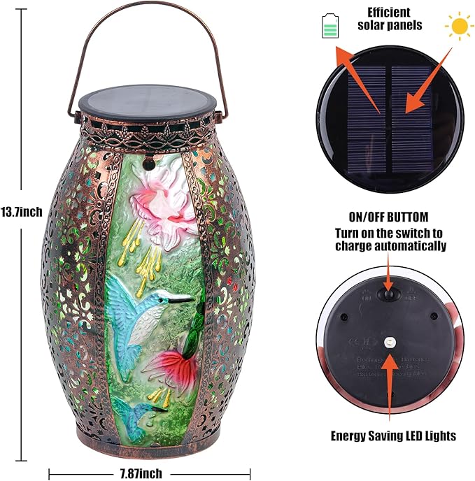 Solar Lanterns Outdoor Hanging Light - Solar Powered Hummingbird Glass LED Lights Decorative Waterproof Tabletop Lamp with Hollowed-Out Design for Indoor Yard Table Patio Garden Pathway Holiday-VerdiqueGarden