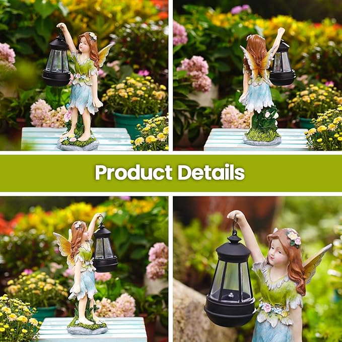 Fairy Garden Statue Solar Garden Fairy with Lantern Light Outdoor Garden Decoration Waterproof Solar Garden Sculpture for Patio Yard Lawn Gift for Mom Grandma-VerdiqueGarden