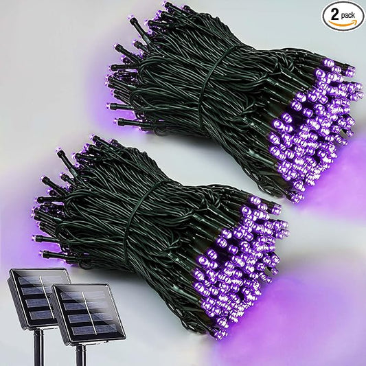 EEW 2 Pack 200 LED Solar Halloween Lights Outdoor Waterproof, Solar String Lights for Outside, Solar Powered Tree Light with 8 Lighting Modes for Xmas Party Garden Yard Halloween Decorations (Purple)-VerdiqueGarden