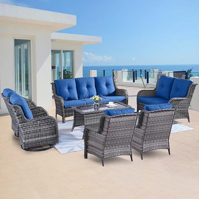 Outdoor Wicker Furniture Patio Set - 7 Piece Backyard Furniture Grey Rattan Conversation Sets with Swivel Rocker Chairs, Rattan Sofa, Club Chairs and Coffee Table, Blue Cushion-VerdiqueGarden