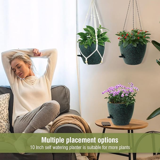 10 inch Self Watering Hanging Planters, 2 Pack Hanging Flower Pots for Indoor Outdoor Plants, Hanging Baskets with Drainage Holes & 2 Kinds of Plant Hangers for Home Decor, Speckled Black-VerdiqueGarden