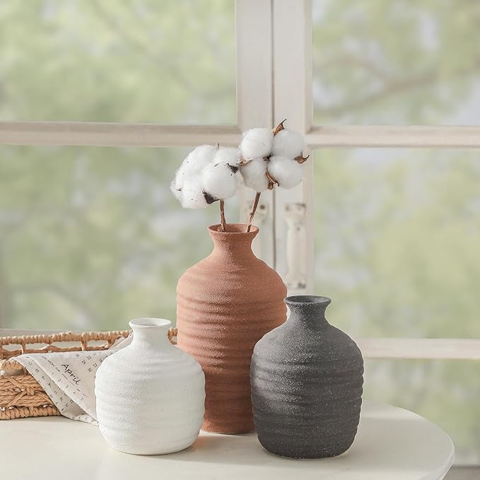 Ceramic Vase Set of 3 Decorative Vase for Home Decor Modern Farmhouse Decor Pottery Neutral Vases for Living Room Bathroom Table Mantel Fireplace Entryway Shelf (02-Brown)-VerdiqueGarden