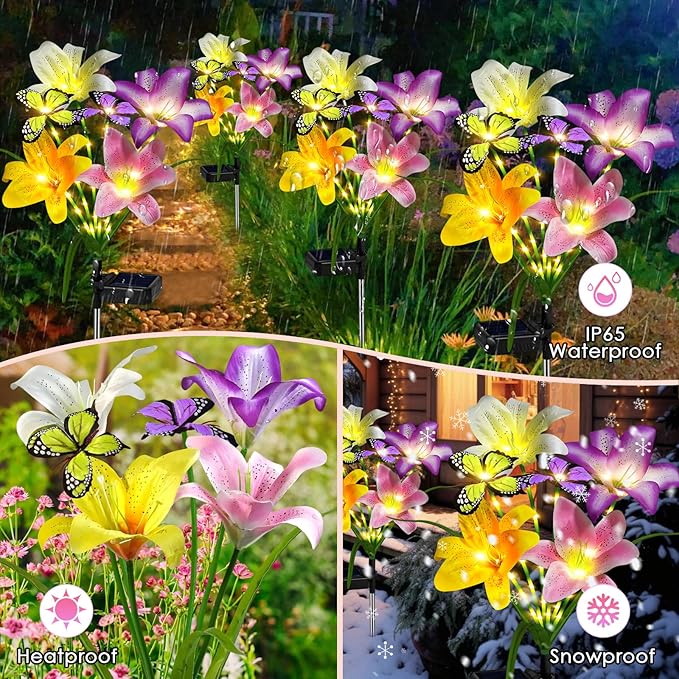 Solar Garden Lights Outdoor, 4 Pack Flower Lights for Outside, 16 Solar Lilies with Butterflies, Waterproof Garden Decor for Yard, Patio, Gifts for Women Mom (4 pcs Lilies)-VerdiqueGarden
