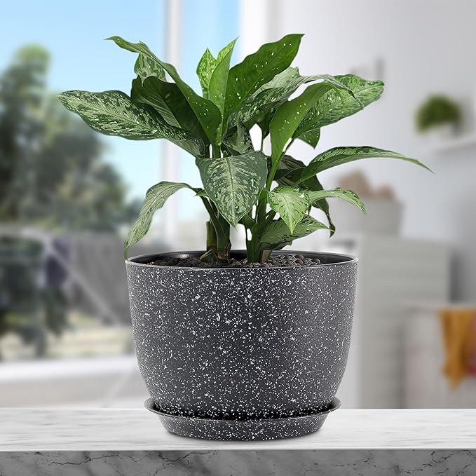 12 inch Big Plant Pots, Plastic Planters with Drainage Holes and Trays, Large Flower Pots for Indoor Outdoor Plants, Modern Decorative Pots for Garden House Plants, Speckled Black-VerdiqueGarden