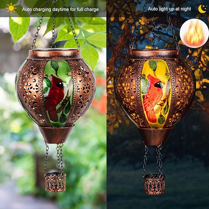 Hot Air Balloon Solar Lantern Outdoor - Flame Hanging Solar Light Waterproof Lanterns for Patio Garden Yard Farmhouse Decor, Great Gift(Cardinal 2)-VerdiqueGarden