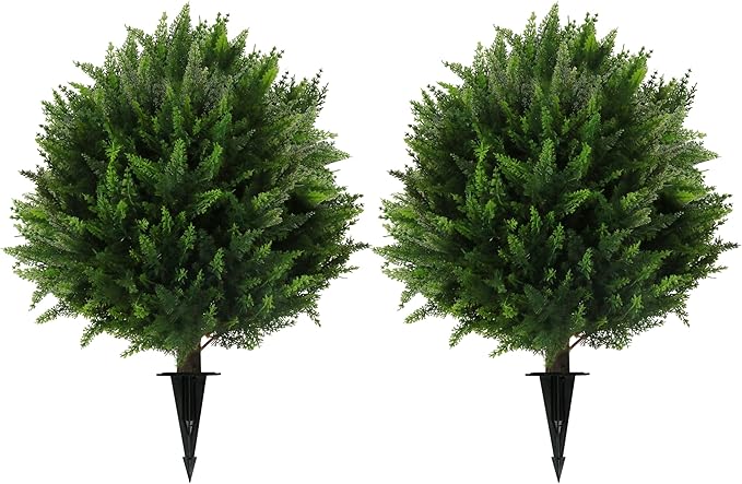 Sunnyglade Set of 2 Artificial Cedar Topiary Ball Trees, Faux Cedar Shrub Bushes with Ground Spike 25.5", UV Resistant Fake Cedar Plants for Indoor, Garden, Yard, Porch, Patio Decor (Green)-VerdiqueGarden