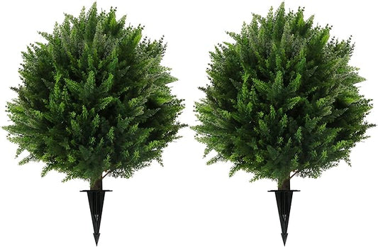Sunnyglade Set of 2 Artificial Cedar Topiary Ball Trees, Faux Cedar Shrub Bushes with Ground Spike 25.5", UV Resistant Fake Cedar Plants for Indoor, Garden, Yard, Porch, Patio Decor (Green)-VerdiqueGarden