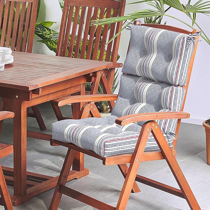 LVTXIII Outdoor Tufted High Back Cushions Set of 2 Patio Seasonal Replacement Rocking Chair Cushion with Ties, Solid Seat and Back Chair Cushion, (44” L x 22W”, Stripe Denim Blue)-VerdiqueGarden