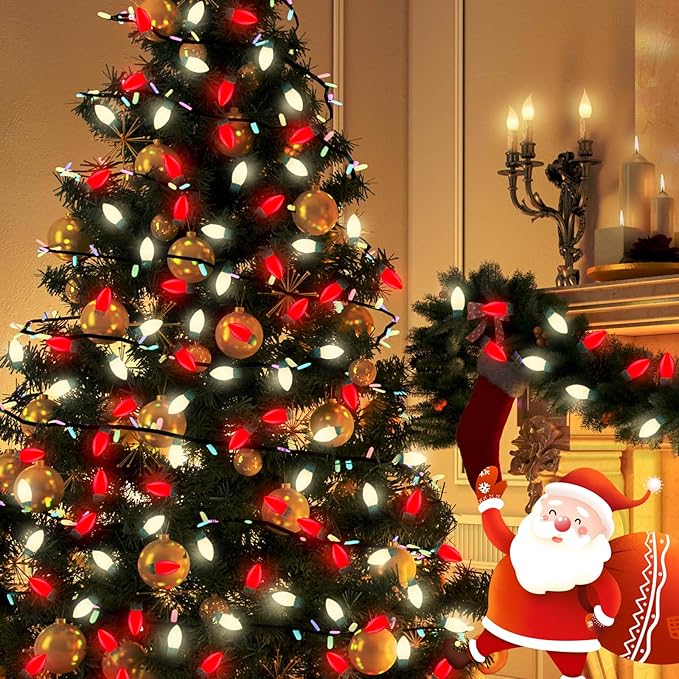 Red White LED Christmas Lights 25FT - Vintage C9 Outdoor String with 26 Bulbs, Extendable Commercial Holiday Decor for Roofline, Patio, Backyard & Parties-VerdiqueGarden