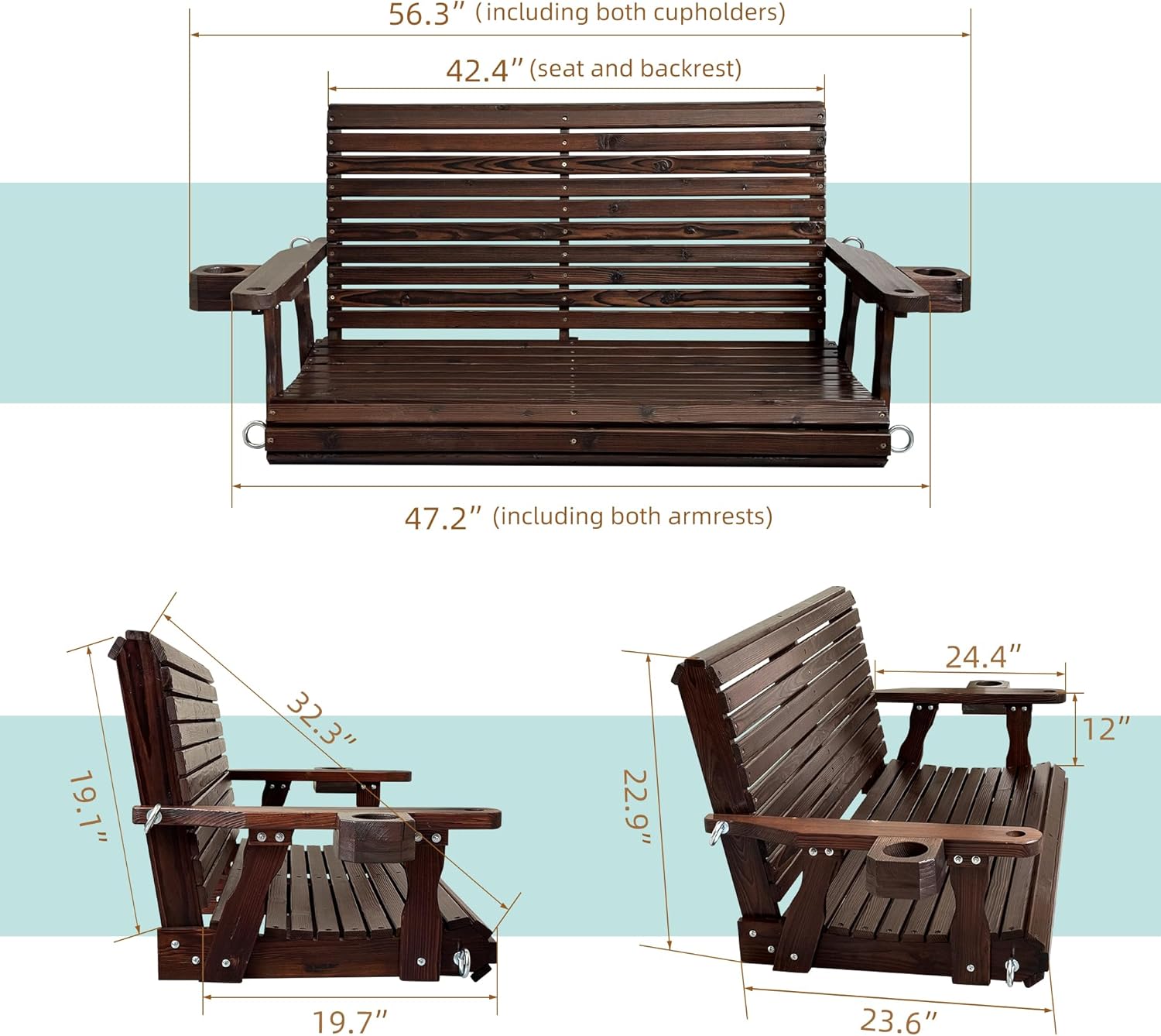 Wooden Porch Swing 2-Seater, High Backrest and Deep Seat, Bench Swing with Cupholders, Hanging Chains and 7mm Springs, Heavy Duty 880 LBS, for Outdoor Patio Garden (Deep Brown, 4 FT Extra Large)-VerdiqueGarden