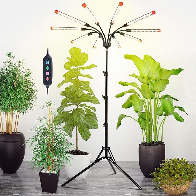 10-Head Grow Lights for Indoor Plants with Stand 90W, LED Plant Grow Light for Tall Houseplants, Bonsai Tree, Full Spectrum Growing Lamp with 4,8,12 Hr Timer, 24"-64" Adjustable Height-VerdiqueGarden