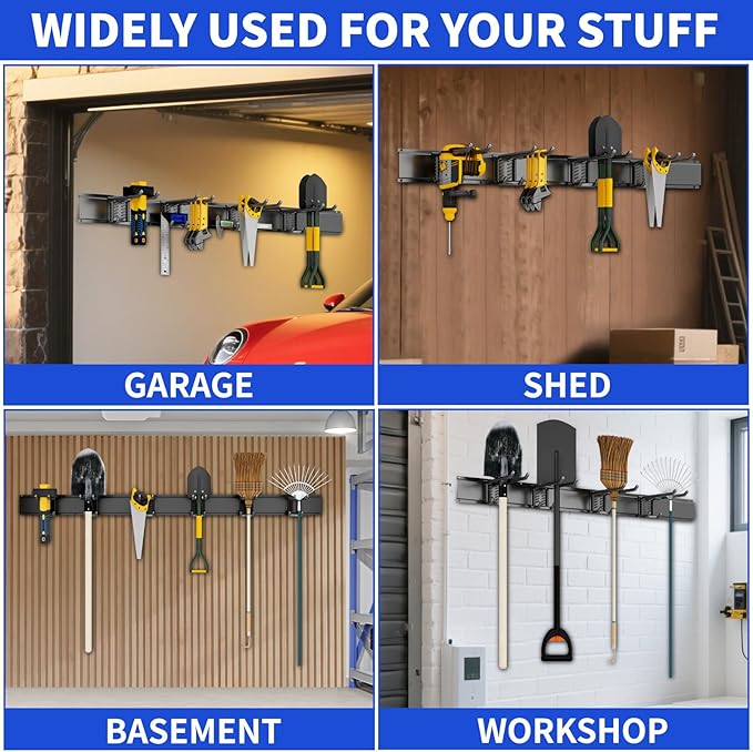 Garage Organization Tool Organizer Wall Mount, 48inch Heavy Duty Garden Tool organizer Storage System, Easy Install With 6 Adjustable Bilayer Hooks, For Garage, Basement, Shed, Workshop(Black)-VerdiqueGarden