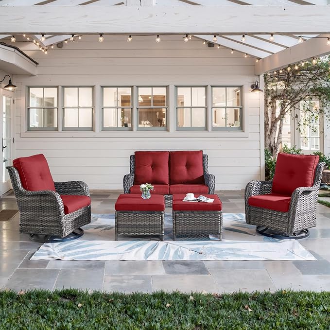 5 Piece Outdoor Patio Furniture Set - Wicker Furniture Patio Conversation Set, Outdoor Swivel Rocker Chairs with Loveseat Sofa and 2 Ottomans for Small Space, Red Cushion-VerdiqueGarden