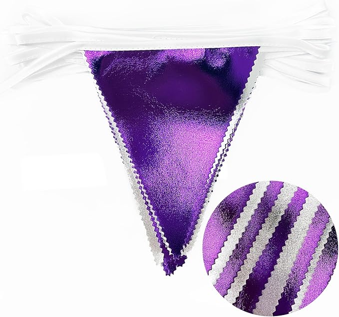 Purple and Silver Party Decorations Triangle Pennant Banner Flag Metallic Fabric Bunting Garland for Birthday Graduation Retirement Bachelorette Wedding Bridal Shower Engagement Disco Party Supplies-VerdiqueGarden