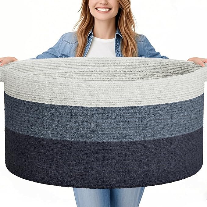125L Extra Large Blanket Basket, 25" x 16", Jumbo Laundry Woven Basket Decorative Home, Cotton Rope Basket with Handles, Baby Toy Basket for Storage, Gradual Blue-VerdiqueGarden
