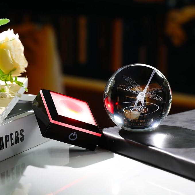 Qianwei Dragonfly Gifts for Women 3D Crystal Ball 3.14'' - Laser Dragonfly Decor Glass Animals Dragonfly Gifts Figurines Statue Stuff for Room Decorations Dragonfly Night Light-VerdiqueGarden