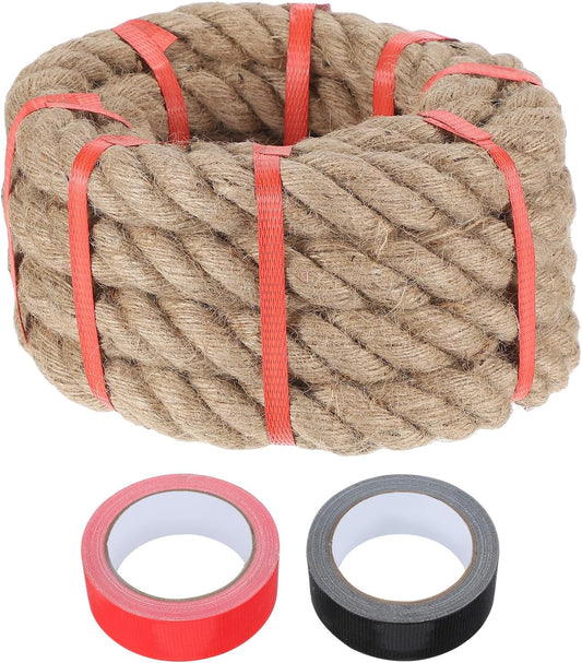 MECCANIXITY Jute Rope 1.4 Inch x 15ft, Thick Twine Rope Ropes Braided Jute Twine Natural Brown Burlap Cord String Heavy Twisted with Tapes for Decorative Crafts Railing Swing Tug of War-VerdiqueGarden