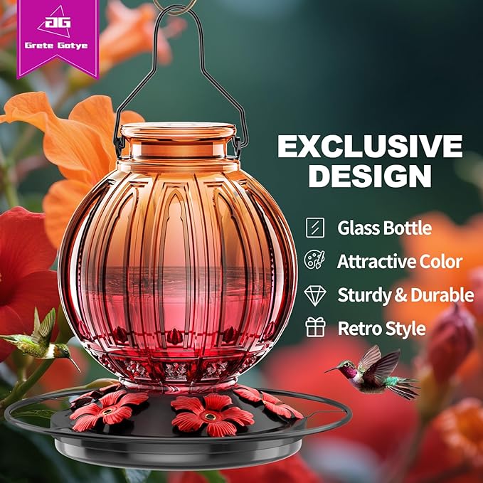 Glass Hummingbird Feeder for Outdoors Hanging, 26Oz Bird Nectar Feeder with Perch & 5 Flower Feeding Ports, Leak Proof for Outside Garden Decor Backyard, Gifts for Women Mom, Clear & Red-VerdiqueGarden
