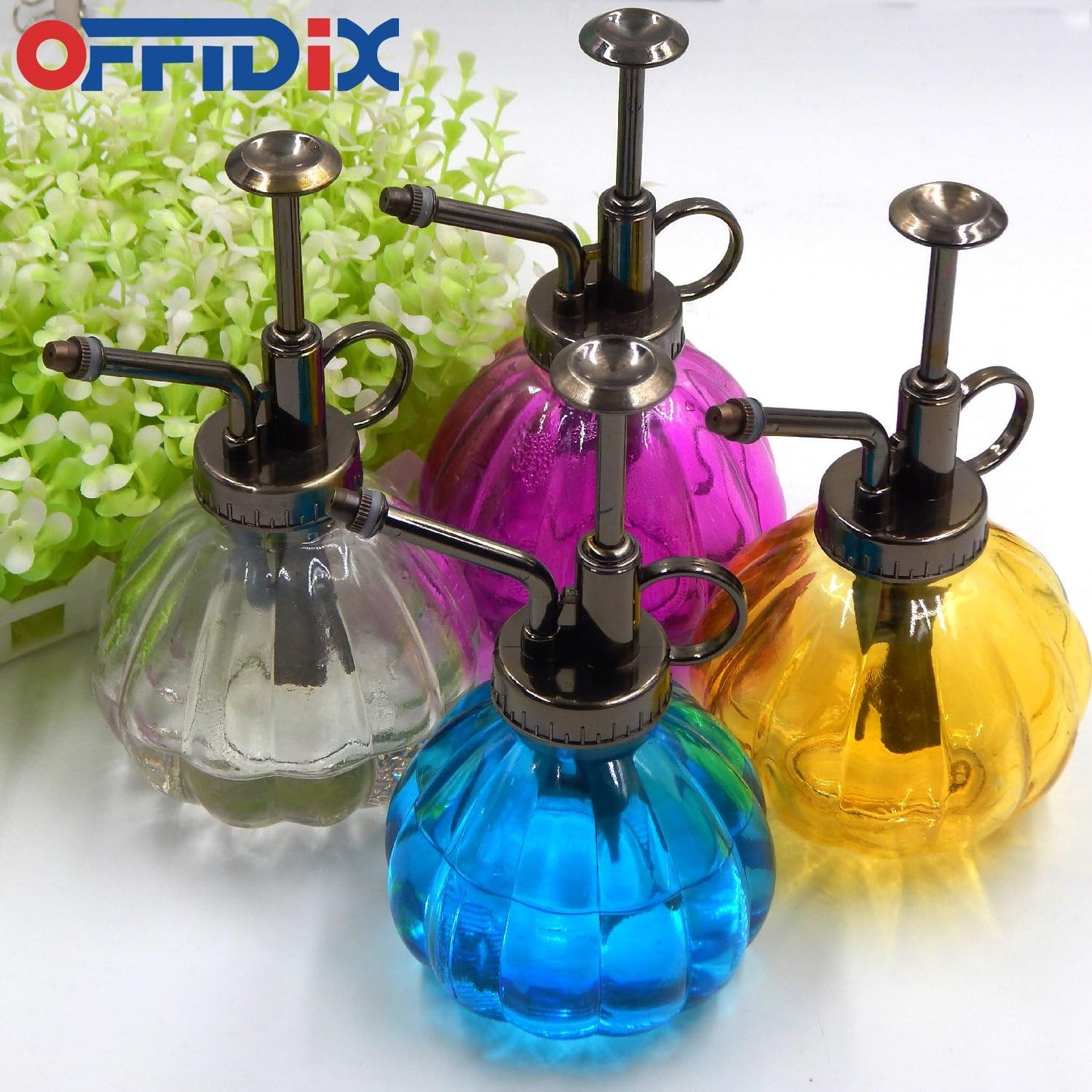 OFFIDIX Glass Watering Spray Bottle, 6.3" Tall Vintage Style with Bronze Plastic Top Pump One Hand Watering Can Spray Bottle (Light Blue)-VerdiqueGarden