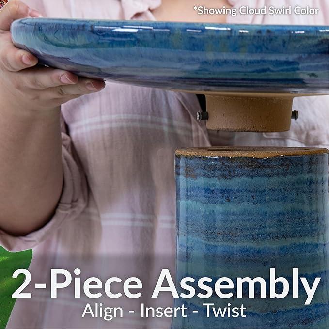 Sunnydaze 21" H Ceramic Bird Bath for Outside - Hand-Painted Outdoor Bird Bath Bowl, UV/Frost-Resistant Finish - Seafoam - Cut Out Pedestal-VerdiqueGarden