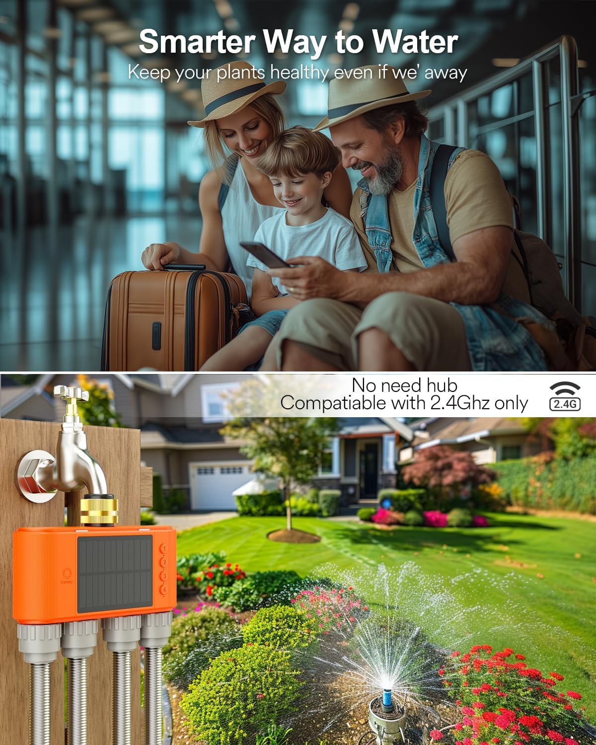 Lumary Solar WiFi Sprinkler Timer 4 Zone w/Water Flow Meter, Smart Water Timer for Garden Hose w/Adjustable 90° Panel, APP Automatic Irrigation Controller System for Lawns Yard, No Need Hub-VerdiqueGarden