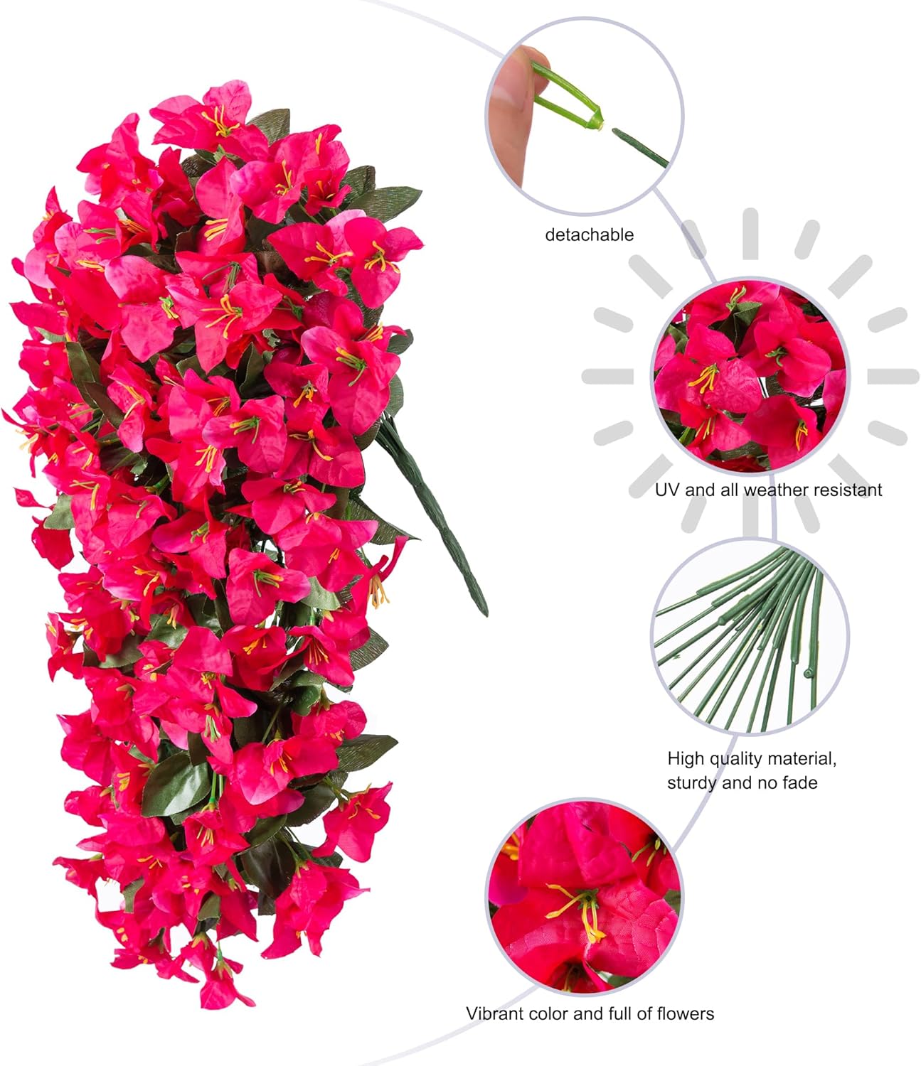 Bougainvillea Artificial Hanging Flowers Plants for Outdoors Decoration, 2pcs Fake Flowers Silk Bougainvillea Vines Realistic UV Resistant Faux Flowers for Planters Porch Patio Urn, Hot Pink-VerdiqueGarden