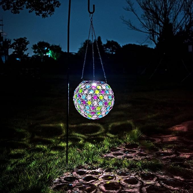 Solar Lantern Hanging Outdoor Christmas Decorative, Dual LEDs Color Changing and Cool White Crystal Globe Lamp Hanging Light Waterproof with S Hook Decor in Garden, Pathway, Front Door- Multi Color-VerdiqueGarden