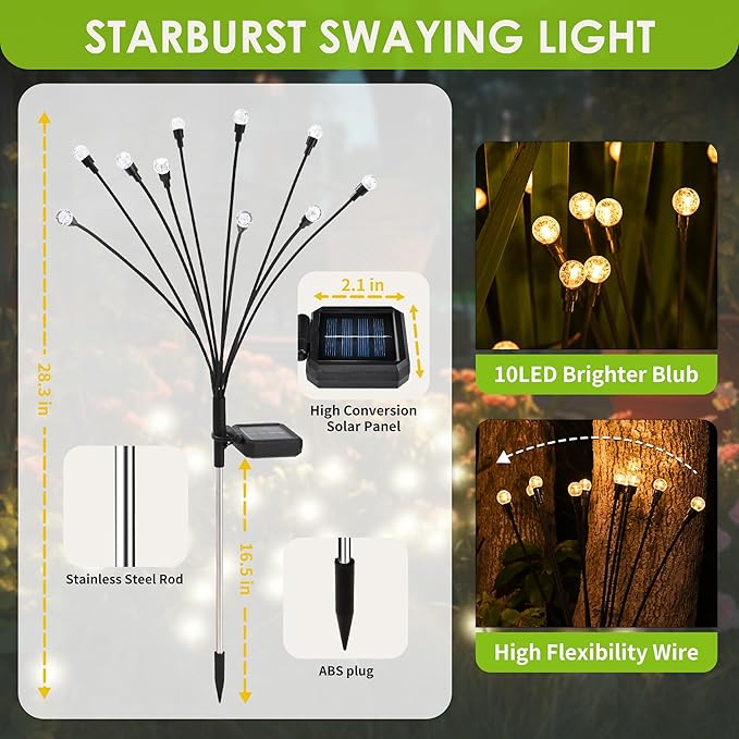 10 LED Solar Garden Lights, 6 Pack Solar Firefly Lights Outdoor Waterproof, Solar Crystal Ball Swaying Lights, Firefly Garden Lights Solar Outdoor (Warm White)-VerdiqueGarden