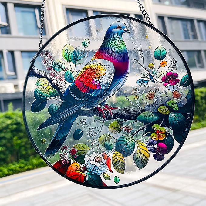 RIVEENY Stained Glass Window Hangings,8" Suncatcher Stained Glass Window Panels,Stained Panel Hangings Gift Women Girls Thanksgiving Birthday Gifts for Mom Grandma (Pigeon)-VerdiqueGarden