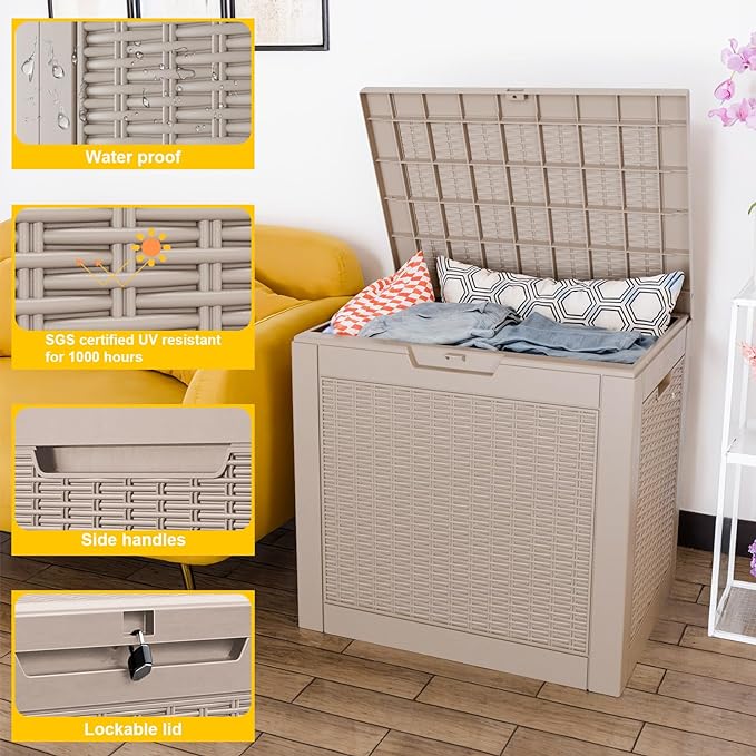31 Gallon Outdoor Deck Box,Storage Lockable Waterproof Patio Furniture,Garden Tools,Cushions,Pool Accessories Outside Storage Resin Box(Grey)-VerdiqueGarden