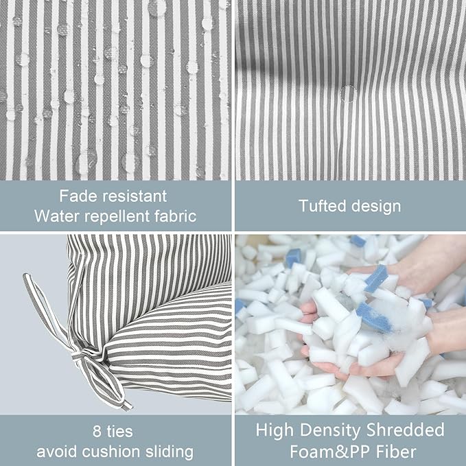 LVTXIII Outdoor 44x22-inch High Back Chair Cushions, Patio Solid Tufted Adirondack Chair Seat Cushions, Seasonal Replacement Rocking Chair Cushion with Ties, Set of 2, Strip Grey-VerdiqueGarden